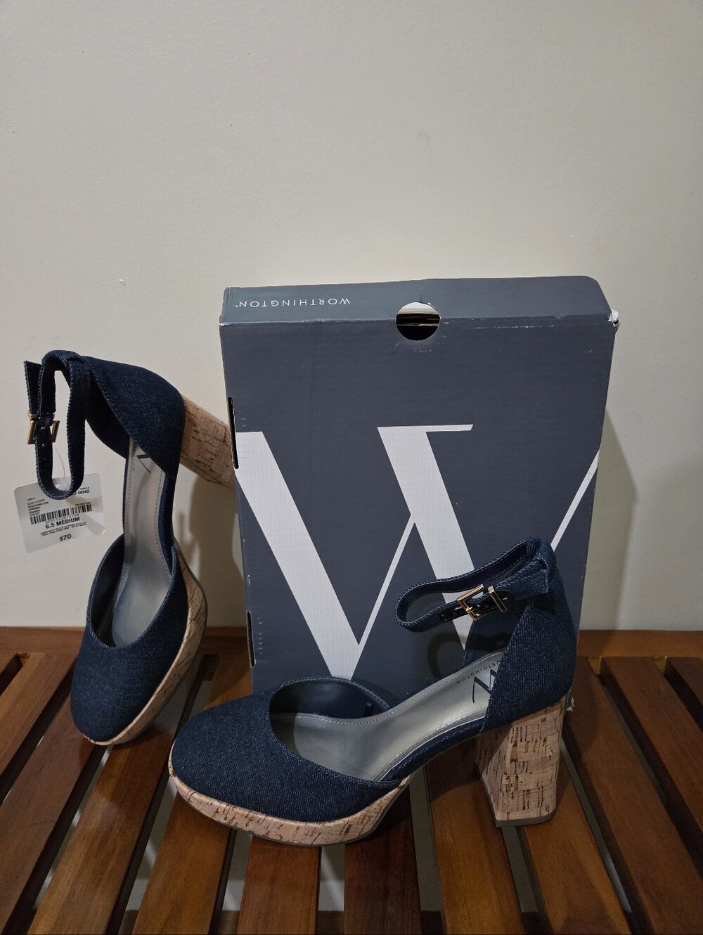 Worthington Women's Wor Panama Denim with Cork Block Heel Size 6.5, 7,8.5,10 NEW